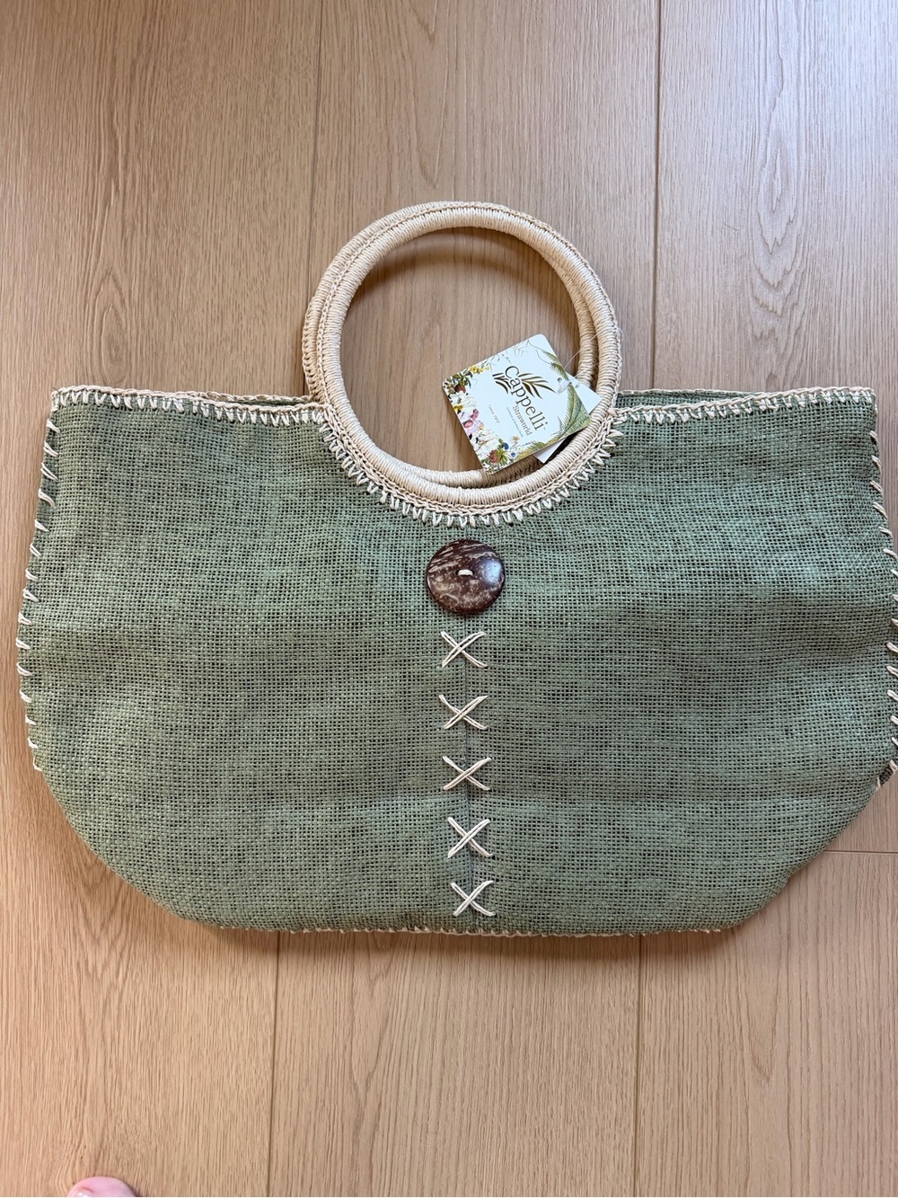 Woven Circle-Handle Tote Bag in Sage Green